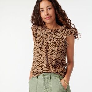 J. Crew Flutter-sleeve Collared Cotton Silk Voile Blouse in Brown Leopard Dot